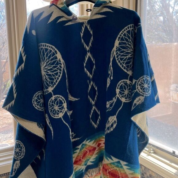 Western Blue Dreamcatcher Patterned Poncho w/ rainbow design - Picture 2 of 4
